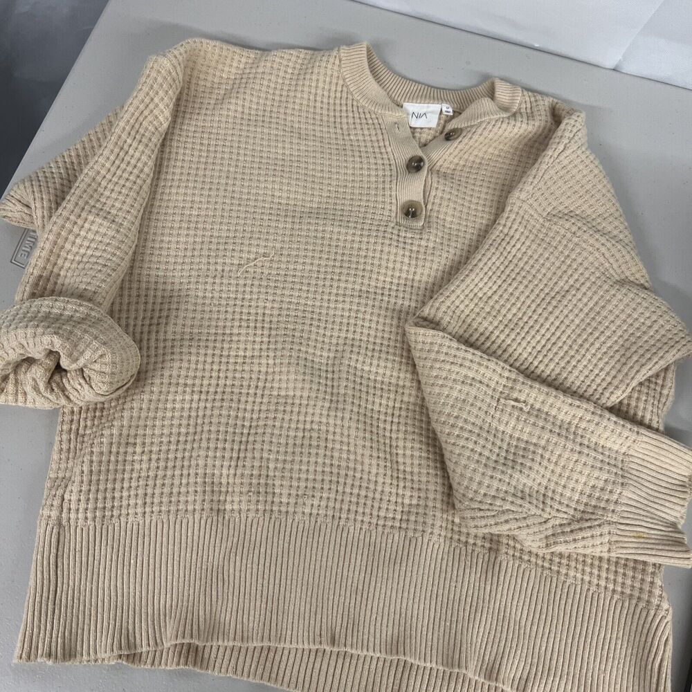 NIA WAFFLE KNIT STRETCH HENLEY NATURAL BEIGE TAN LONG SLEEVE PULLOVER MEDIUM M - Picture 3 of 6